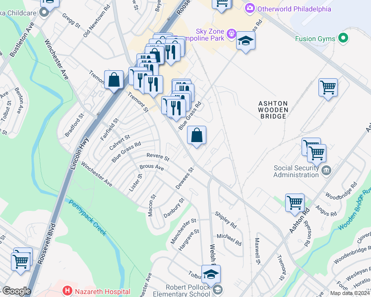 map of restaurants, bars, coffee shops, grocery stores, and more near 2539 Welsh Road in Philadelphia