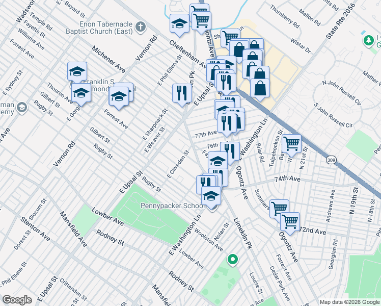 map of restaurants, bars, coffee shops, grocery stores, and more near 7598 Limekiln Pike in Philadelphia