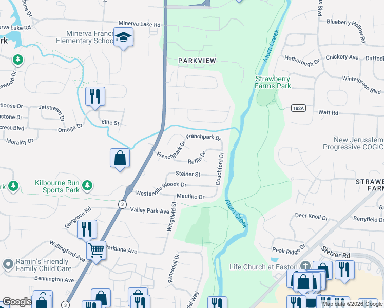 map of restaurants, bars, coffee shops, grocery stores, and more near 3506 Headford Court in Columbus