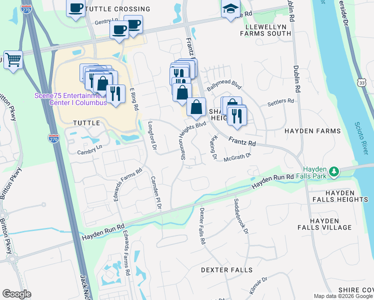 map of restaurants, bars, coffee shops, grocery stores, and more near 5797 Shannon Place Lane in Dublin