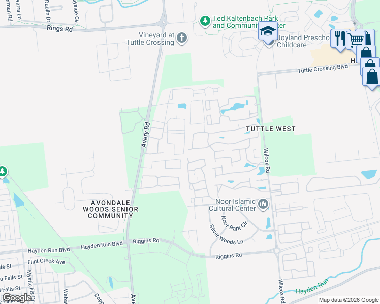 map of restaurants, bars, coffee shops, grocery stores, and more near 5733 Lake Placid Lane in Dublin