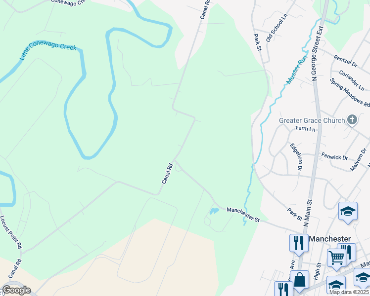 map of restaurants, bars, coffee shops, grocery stores, and more near 1435 Canal Road in Manchester