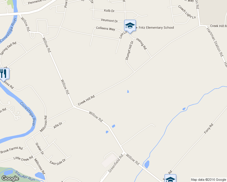 map of restaurants, bars, coffee shops, grocery stores, and more near 2066 Creek Hill Rd in Lancaster