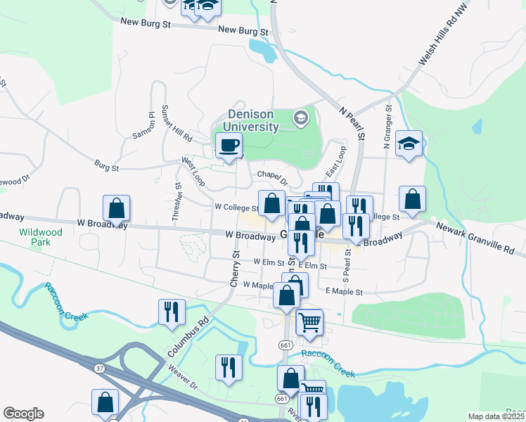 map of restaurants, bars, coffee shops, grocery stores, and more near 210 West College Street in Granville