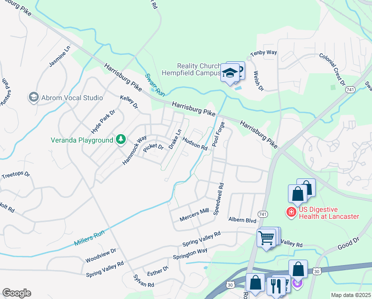 map of restaurants, bars, coffee shops, grocery stores, and more near 1600 Aldred Circle in Lancaster