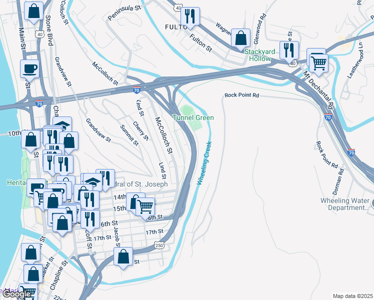 map of restaurants, bars, coffee shops, grocery stores, and more near U.S. 250 in Wheeling