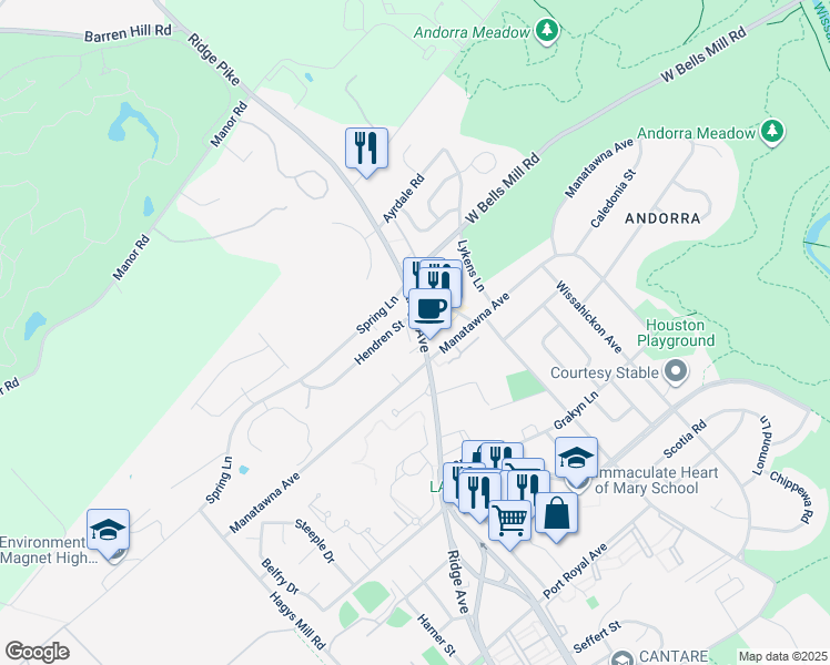 map of restaurants, bars, coffee shops, grocery stores, and more near 8930 Ridge Avenue in Philadelphia