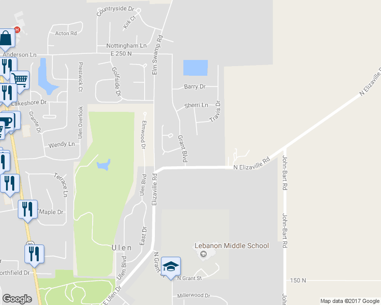 map of restaurants, bars, coffee shops, grocery stores, and more near 2015 Grant Boulevard in Lebanon