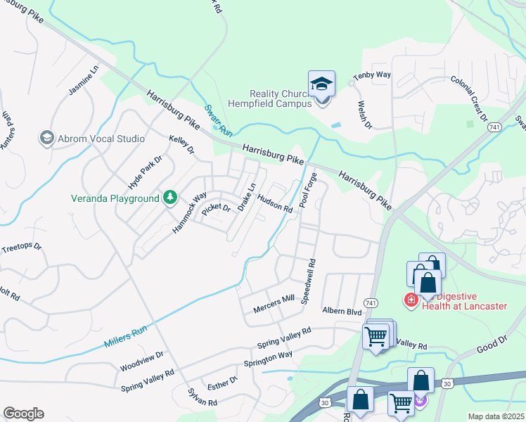 map of restaurants, bars, coffee shops, grocery stores, and more near 1600 Aldred Circle in Lancaster
