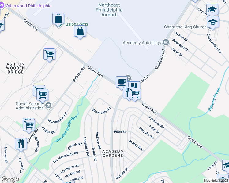 map of restaurants, bars, coffee shops, grocery stores, and more near 3217 Primrose Road in Philadelphia