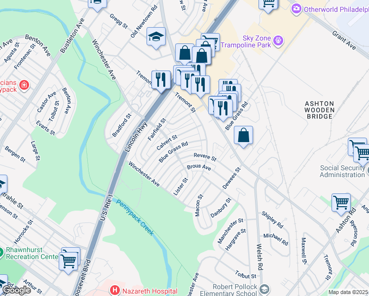 map of restaurants, bars, coffee shops, grocery stores, and more near 8913 Blue Grass Road in Philadelphia