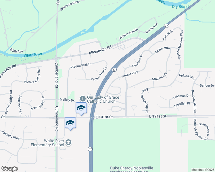 map of restaurants, bars, coffee shops, grocery stores, and more near 19335 Amber Way in Noblesville