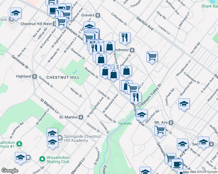 map of restaurants, bars, coffee shops, grocery stores, and more near 7924 Roanoke Street in Philadelphia