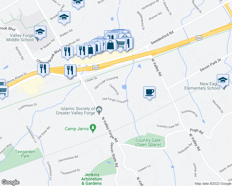 map of restaurants, bars, coffee shops, grocery stores, and more near 415 Old Forge Crossing in Devon