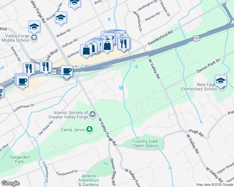 map of restaurants, bars, coffee shops, grocery stores, and more near 447 Old Forge Crossing in Devon