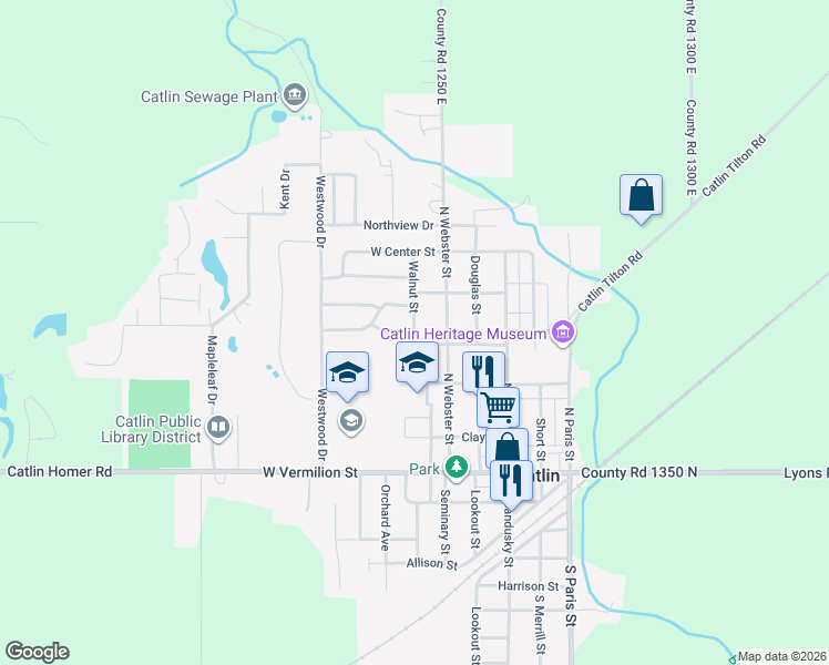 map of restaurants, bars, coffee shops, grocery stores, and more near 404 Walnut Street in Catlin