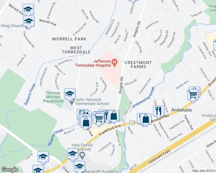 map of restaurants, bars, coffee shops, grocery stores, and more near 3681 North Hereford Lane in Philadelphia