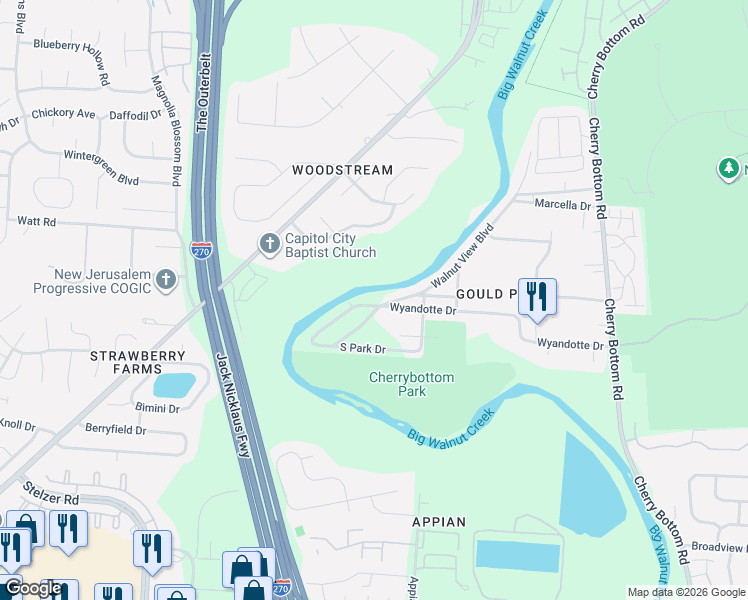 map of restaurants, bars, coffee shops, grocery stores, and more near 5415 Walnut View Boulevard in Gahanna