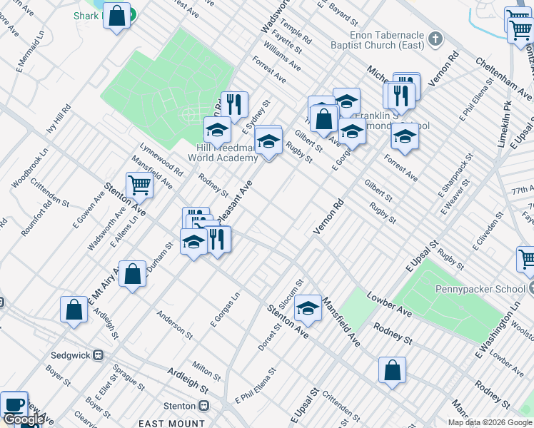 map of restaurants, bars, coffee shops, grocery stores, and more near 1034 East Sedgwick Street in Philadelphia