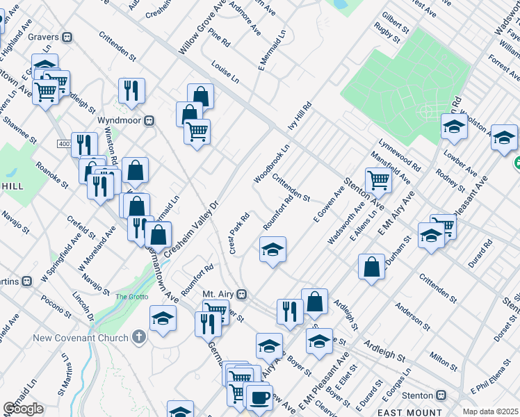 map of restaurants, bars, coffee shops, grocery stores, and more near 331 Crest Park Road in Philadelphia