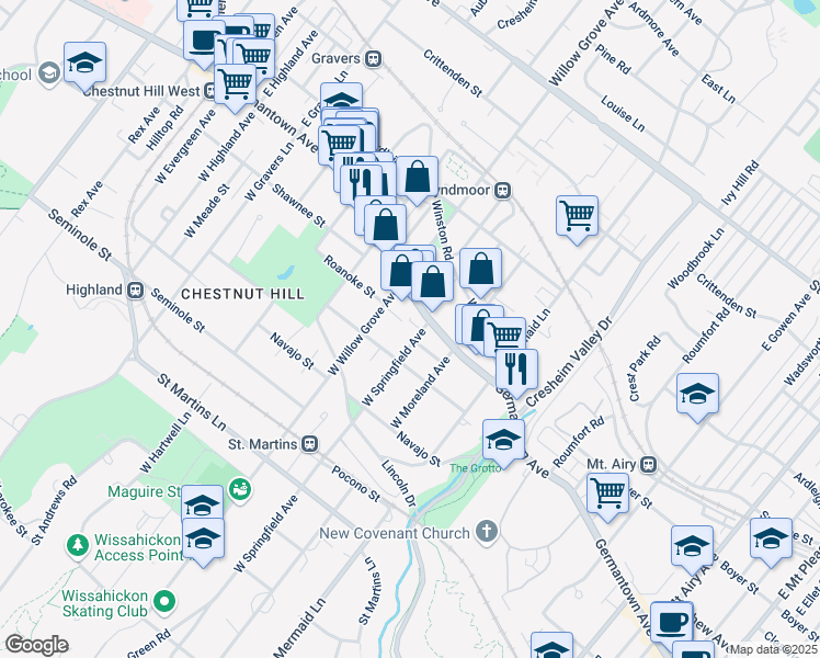 map of restaurants, bars, coffee shops, grocery stores, and more near 19 West Springfield Avenue in Philadelphia