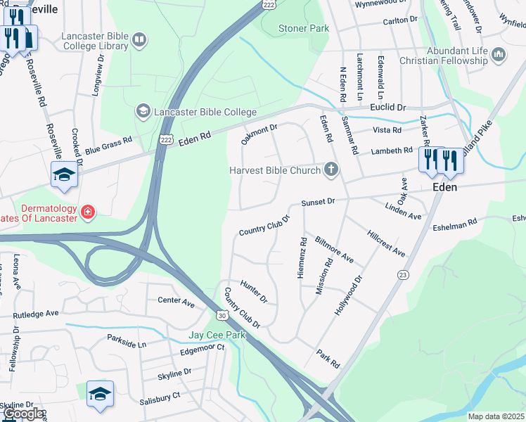 map of restaurants, bars, coffee shops, grocery stores, and more near 1250 Belle Meade Drive in Lancaster