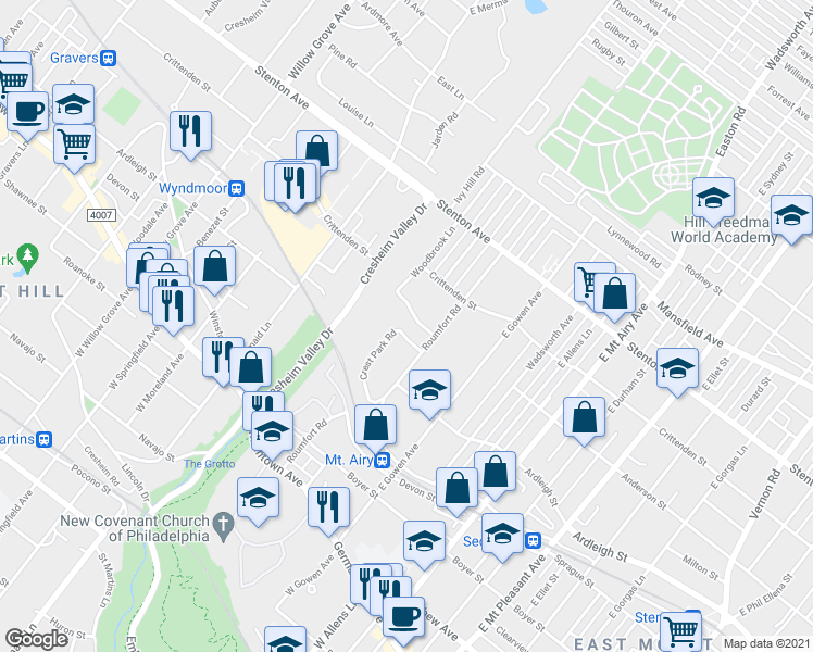 map of restaurants, bars, coffee shops, grocery stores, and more near 331 Crest Park Road in Philadelphia