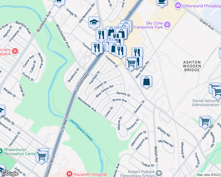 map of restaurants, bars, coffee shops, grocery stores, and more near 8913 Blue Grass Road in Philadelphia