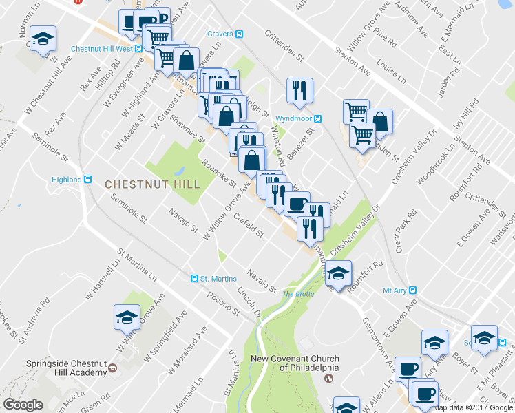 map of restaurants, bars, coffee shops, grocery stores, and more near 19 W Springfield Ave in Philadelphia