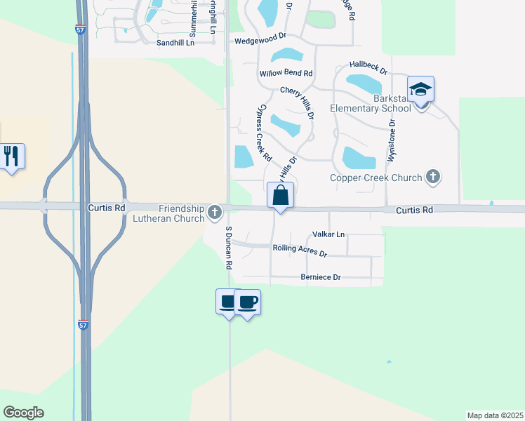 map of restaurants, bars, coffee shops, grocery stores, and more near 2803 County Road 1300 North in Champaign