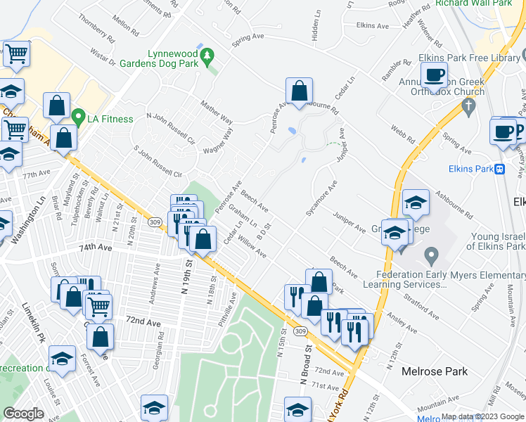 map of restaurants, bars, coffee shops, grocery stores, and more near 1810 Beech Avenue in Elkins Park