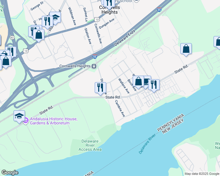 map of restaurants, bars, coffee shops, grocery stores, and more near 526 Cambria Avenue in Bucks County