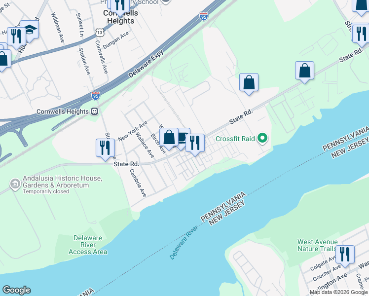 map of restaurants, bars, coffee shops, grocery stores, and more near 2254 State Road in Bensalem