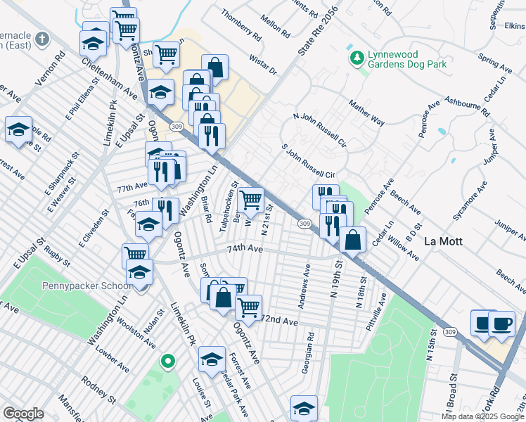 map of restaurants, bars, coffee shops, grocery stores, and more near 7518 North 21st Street in Philadelphia