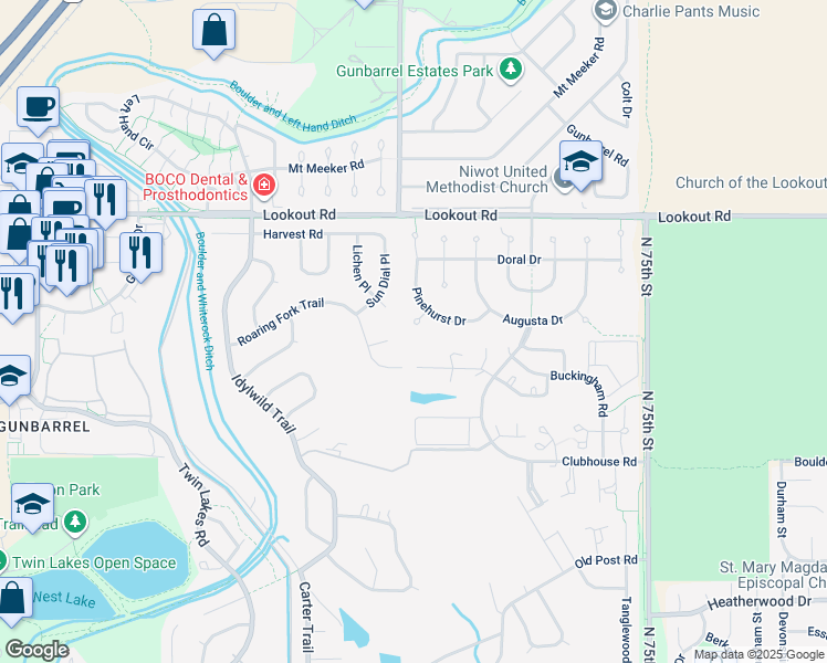 map of restaurants, bars, coffee shops, grocery stores, and more near 5243 Quail Hollow Court in Boulder