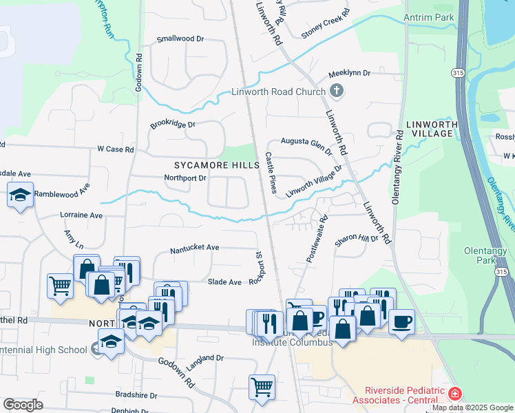 map of restaurants, bars, coffee shops, grocery stores, and more near 5425 Rockport Street in Columbus