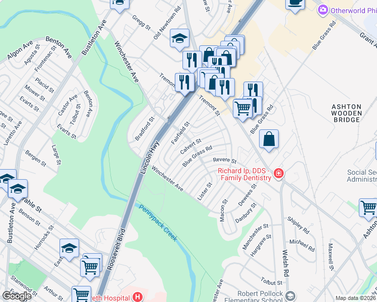map of restaurants, bars, coffee shops, grocery stores, and more near 8857 Calvert Street in Philadelphia