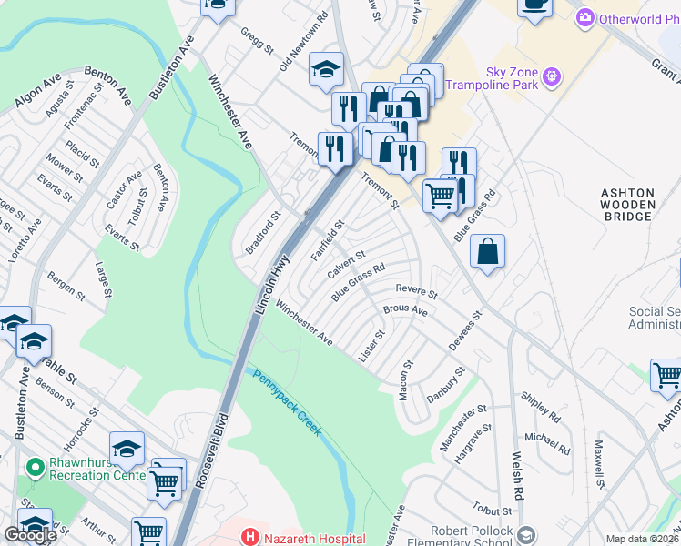 map of restaurants, bars, coffee shops, grocery stores, and more near 8857 Calvert Street in Philadelphia