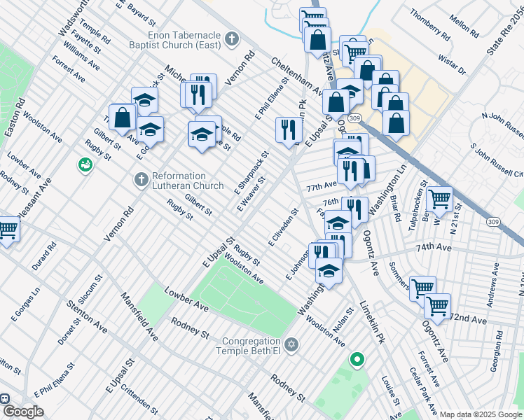map of restaurants, bars, coffee shops, grocery stores, and more near 1325 East Upsal Street in Philadelphia