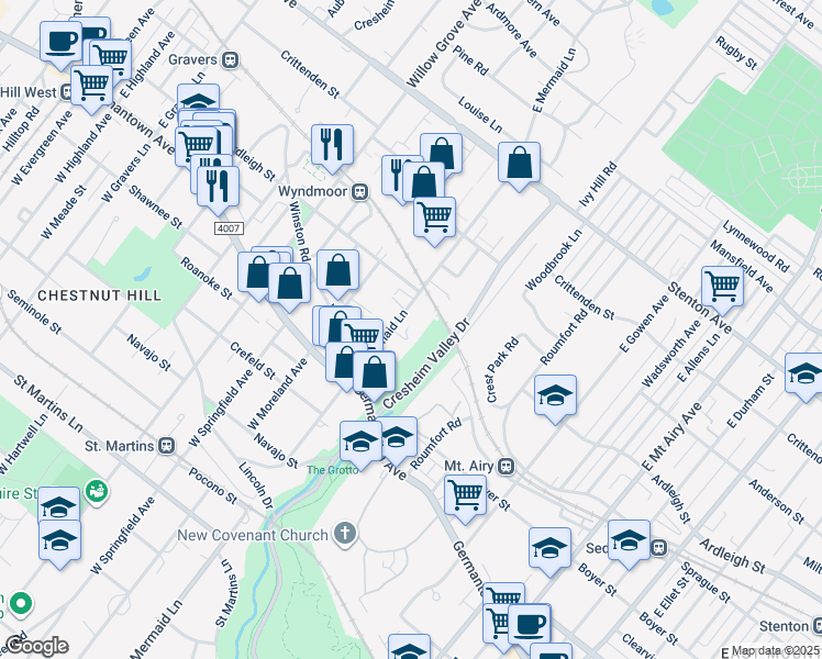 map of restaurants, bars, coffee shops, grocery stores, and more near 102 East Mermaid Lane in Philadelphia