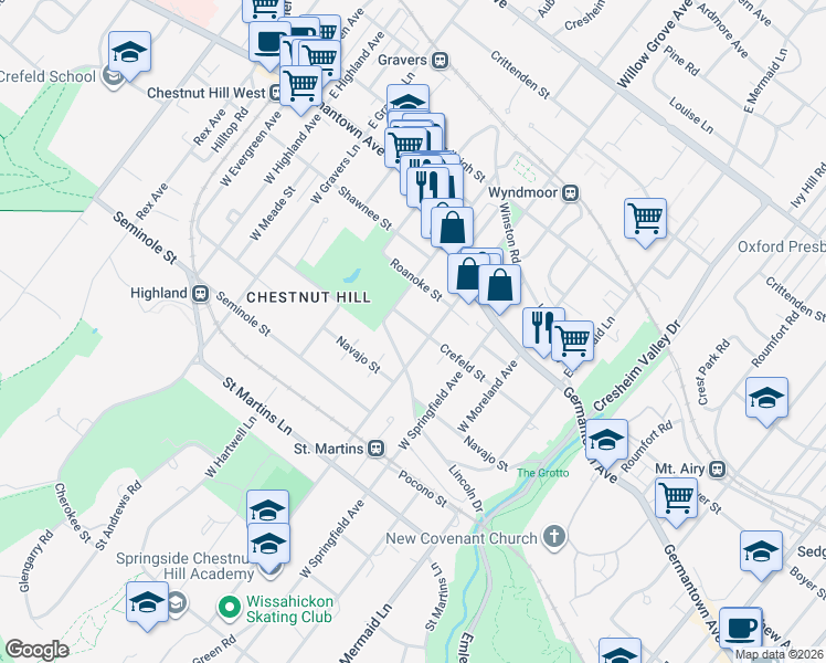 map of restaurants, bars, coffee shops, grocery stores, and more near 59 West Willow Grove Avenue in Philadelphia