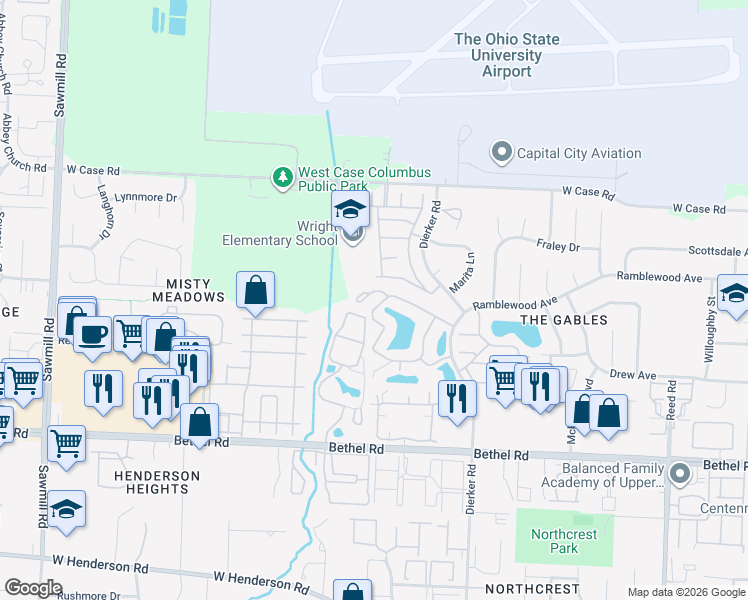 map of restaurants, bars, coffee shops, grocery stores, and more near 2338 Antigua Drive in Columbus
