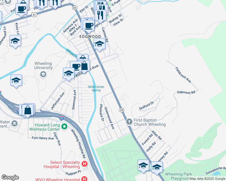 map of restaurants, bars, coffee shops, grocery stores, and more near 1330 National Road in Wheeling
