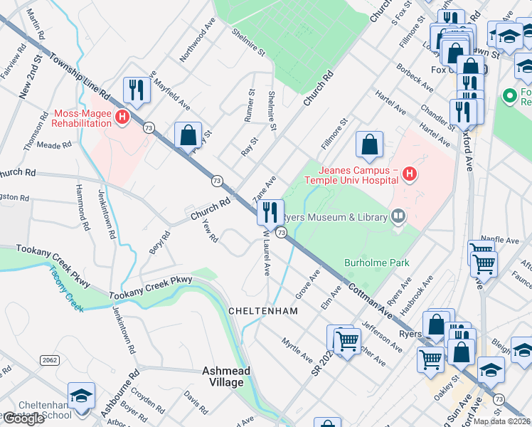 map of restaurants, bars, coffee shops, grocery stores, and more near 116 Fillmore Street in Jenkintown