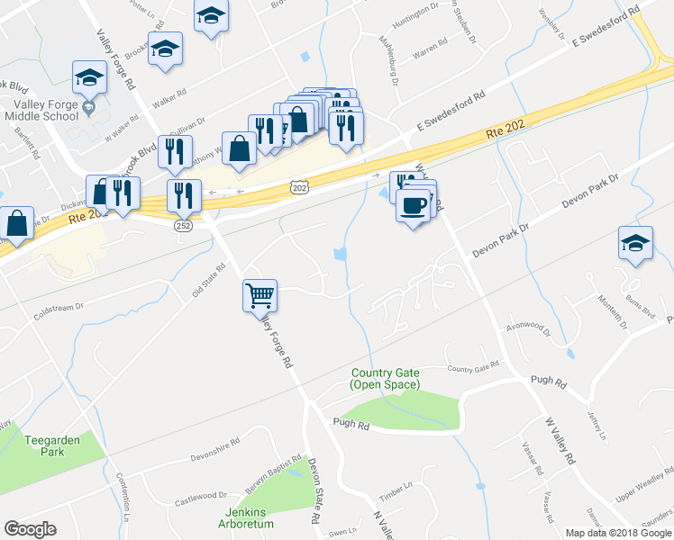 map of restaurants, bars, coffee shops, grocery stores, and more near 447 Old Forge Crossing in Devon