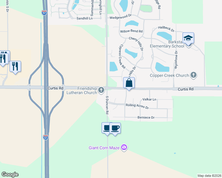 map of restaurants, bars, coffee shops, grocery stores, and more near 2811 County Road 1300 North in Champaign