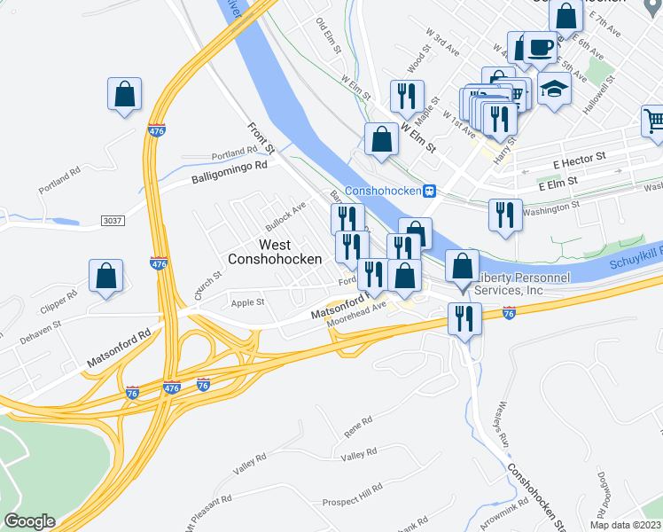 map of restaurants, bars, coffee shops, grocery stores, and more near 19 Merion Avenue in Conshohocken