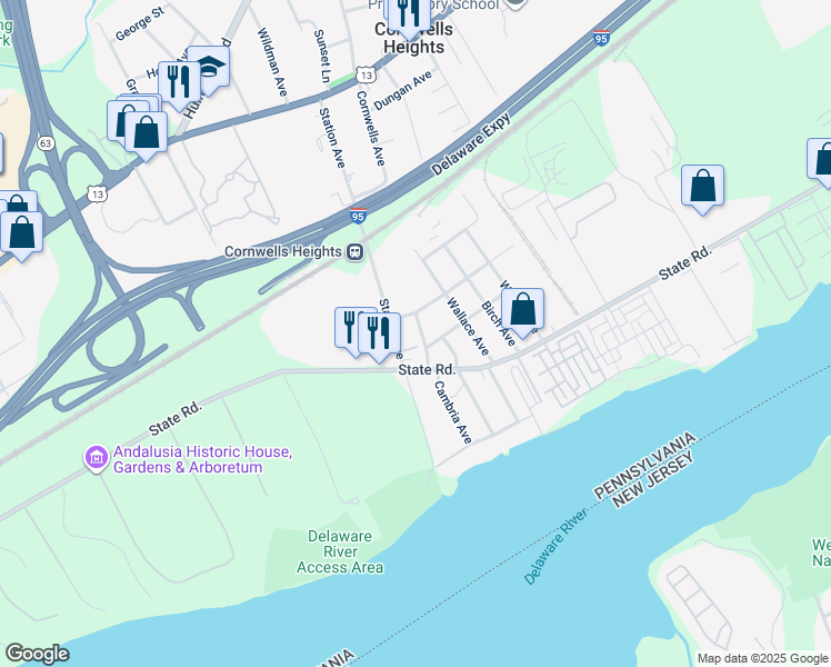 map of restaurants, bars, coffee shops, grocery stores, and more near 526 Cambria Avenue in Bucks County