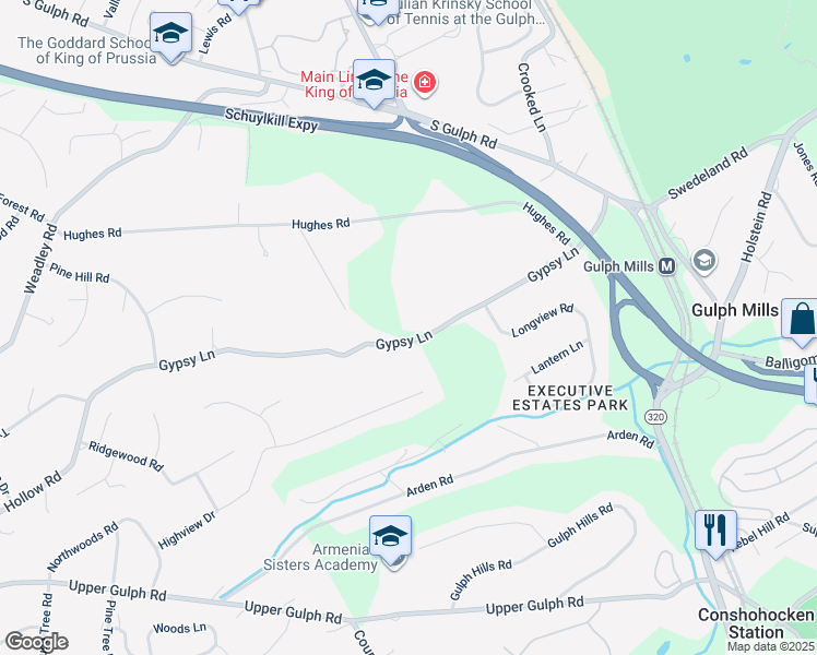 map of restaurants, bars, coffee shops, grocery stores, and more near 280 Gypsy Lane in King of Prussia