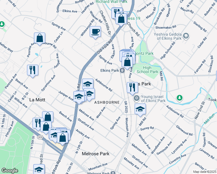 map of restaurants, bars, coffee shops, grocery stores, and more near 1429 Ashbourne Road in Elkins Park